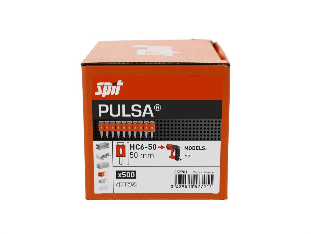 Spit Pulsa 65P HC6 - Flush Head Nail - Steel & Concrete - 500 per box & 1 Fuel Cell